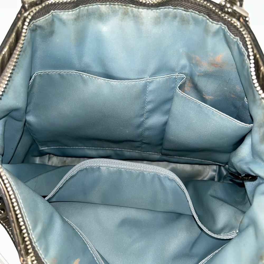 Coach‎ Stitched Signature Stripe Gray Green Metallic Patent Leather Tote Bag - Picture 3 of 3